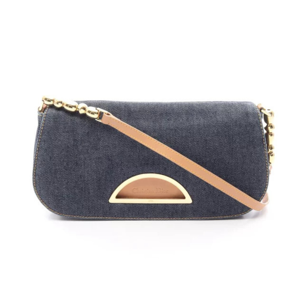 Christian Dior Maris Pearl Shoulder Bag Denim Leather Navy Blue Beige Cream